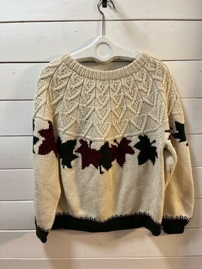 HANDMADE Cream Leaf Pattern Knit Sweater L/XL